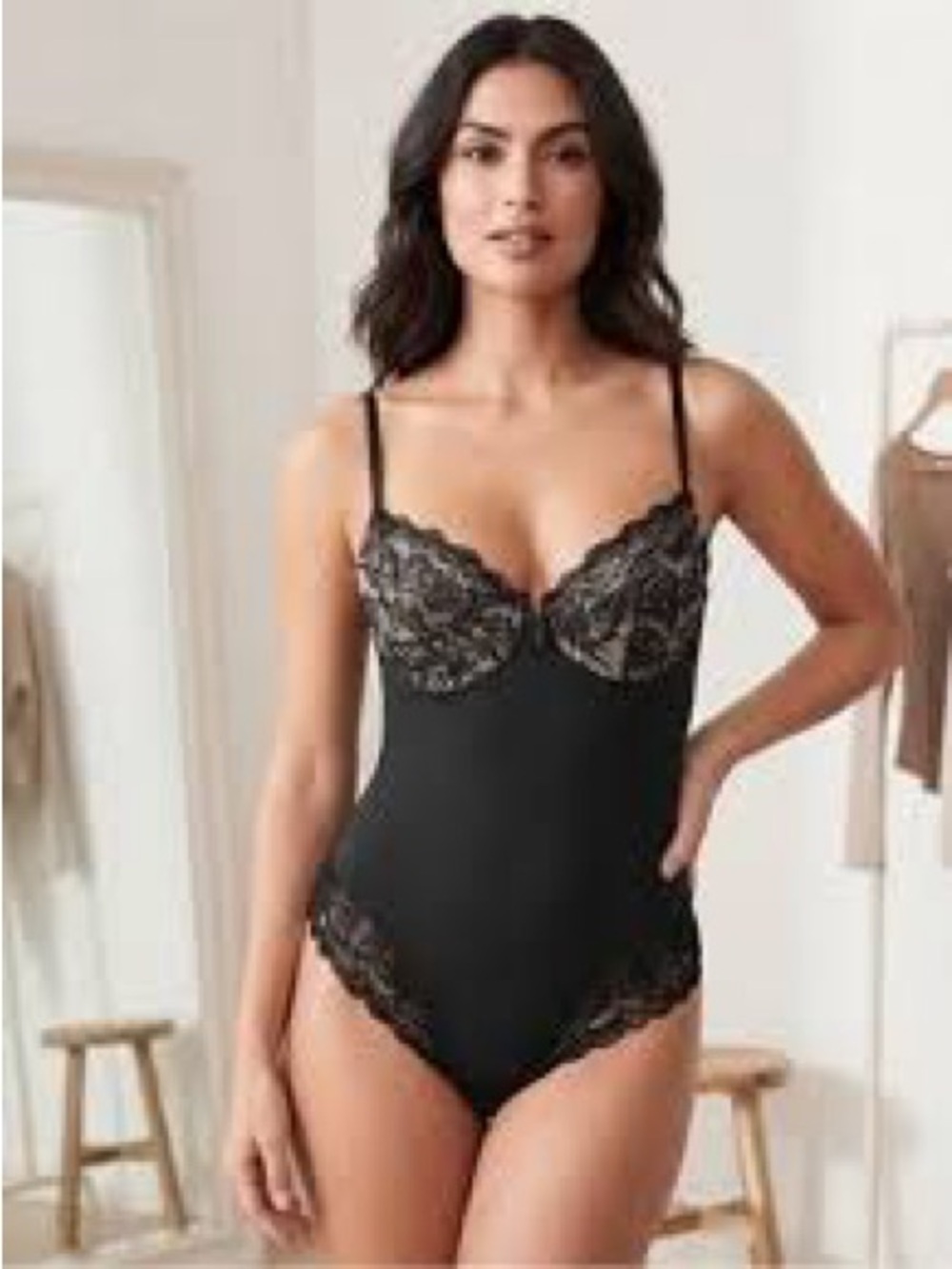 Nicole Miller Black Lace-Trim Bodysuit Chemise